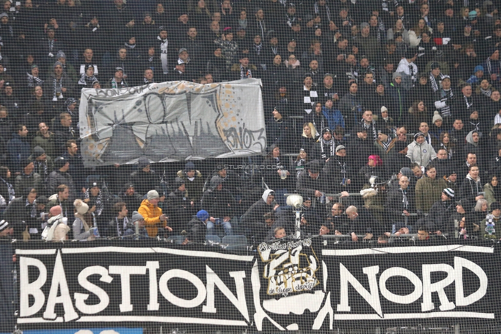 Sturm Graz - Rapid Wien
Oesterreichische Fussball Bundesliga, 17. Runde, SK Sturm Graz - SK Rapid Wien, Stadion Liebenau Graz, 10.02.2023. 

Foto zeigt Fans von Sturm mit einem Spruchband
