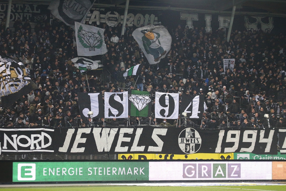 Sturm Graz - Rapid Wien
Oesterreichische Fussball Bundesliga, 17. Runde, SK Sturm Graz - SK Rapid Wien, Stadion Liebenau Graz, 10.02.2023. 

Foto zeigt Fans von Sturm mit einem Spruchband
