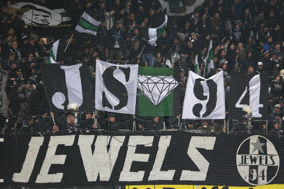 Sturm Graz - Rapid Wien
Oesterreichische Fussball Bundesliga, 17. Runde, SK Sturm Graz - SK Rapid Wien, Stadion Liebenau Graz, 10.02.2023. 

Foto zeigt Fans von Sturm mit einem Spruchband
