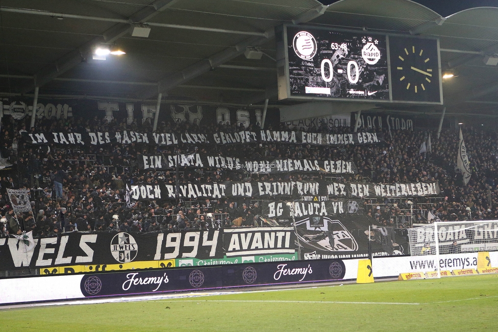 Sturm Graz - Rapid Wien
Oesterreichische Fussball Bundesliga, 17. Runde, SK Sturm Graz - SK Rapid Wien, Stadion Liebenau Graz, 10.02.2023. 

Foto zeigt Fans von Sturm mit einem Spruchband
