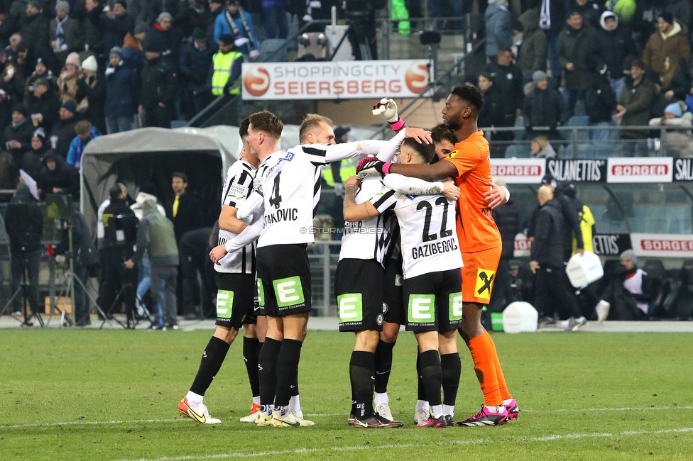 Sturm Graz - Rapid Wien
Oesterreichische Fussball Bundesliga, 17. Runde, SK Sturm Graz - SK Rapid Wien, Stadion Liebenau Graz, 10.02.2023. 

Foto zeigt Bryan Silva Teixeira (Sturm), Jon Gorenc-Stankovic (Sturm), Jusuf Gazibegovic (Sturm) und Arthur Okonkwo (Sturm)
Schlüsselwörter: jubel