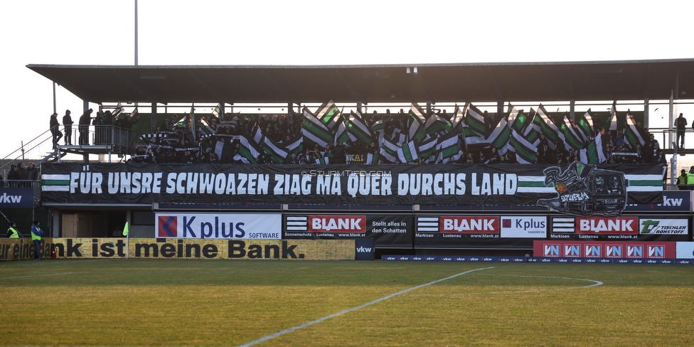 Lustenau - Sturm Graz
Oesterreichische Fussball Bundesliga, 20. Runde, SC Austria Lustenau - SK Sturm Graz, Reichshofstadion Lustenau, 04.03.2023. 

Foto zeigt Fans von Sturm mit einer Choreografie
