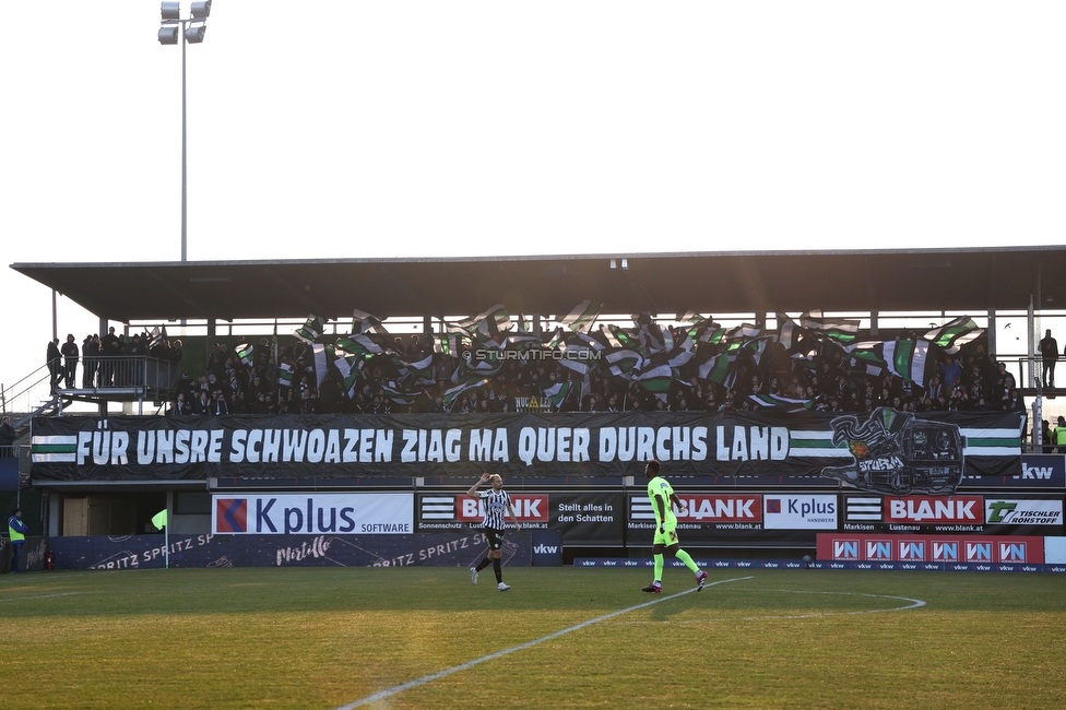 Lustenau - Sturm Graz
Oesterreichische Fussball Bundesliga, 20. Runde, SC Austria Lustenau - SK Sturm Graz, Reichshofstadion Lustenau, 04.03.2023. 

Foto zeigt Fans von Sturm mit einer Choreografie
