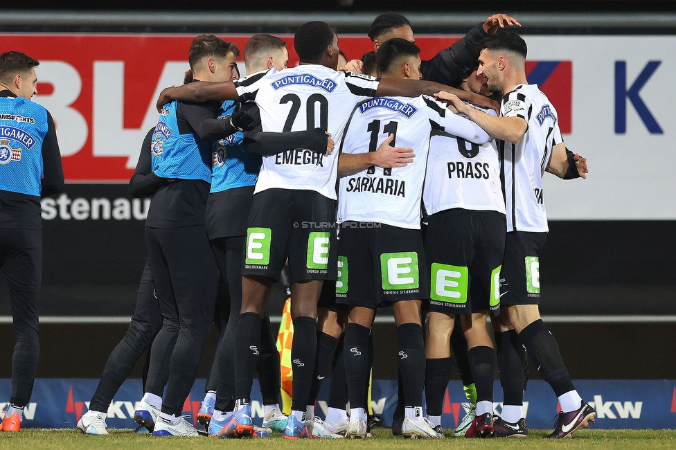 Lustenau - Sturm Graz
Oesterreichische Fussball Bundesliga, 20. Runde, SC Austria Lustenau - SK Sturm Graz, Reichshofstadion Lustenau, 04.03.2023. 

Foto zeigt Emanuel Emegha (Sturm), Manprit Sarkaria (Sturm), Alexander Prass (Sturm) und Alexandar Borkovic (Sturm)
Schlüsselwörter: torjubel