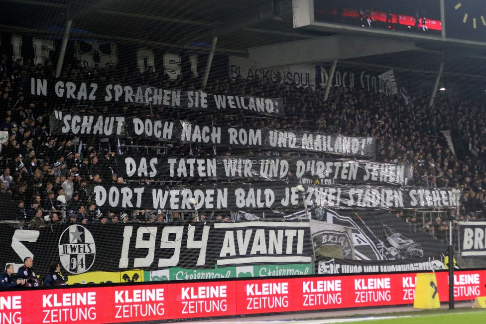 Sturm Graz - Austria Wien
Oesterreichische Fussball Bundesliga, 21. Runde, SK Sturm Graz - FK Austria Wien, Stadion Liebenau Graz, 12.03.2023. 

Foto zeigt Fans von Sturm mit einem Spruchband
Schlüsselwörter: sturmstadion