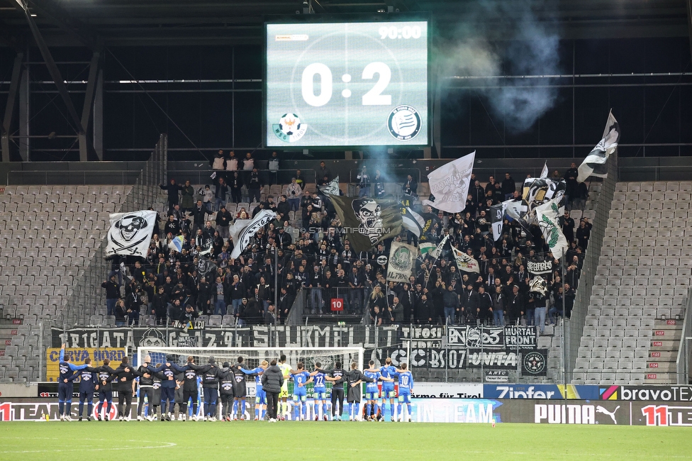 Tirol - Sturm Graz
Oesterreichische Fussball Bundesliga, 22. Runde, WSG Tirol - SK Sturm Graz, Tivoli Stadion Innsbruck, 19.03.2023. 

Foto zeigt die Mannschaft von Sturm und Fans von Sturm
