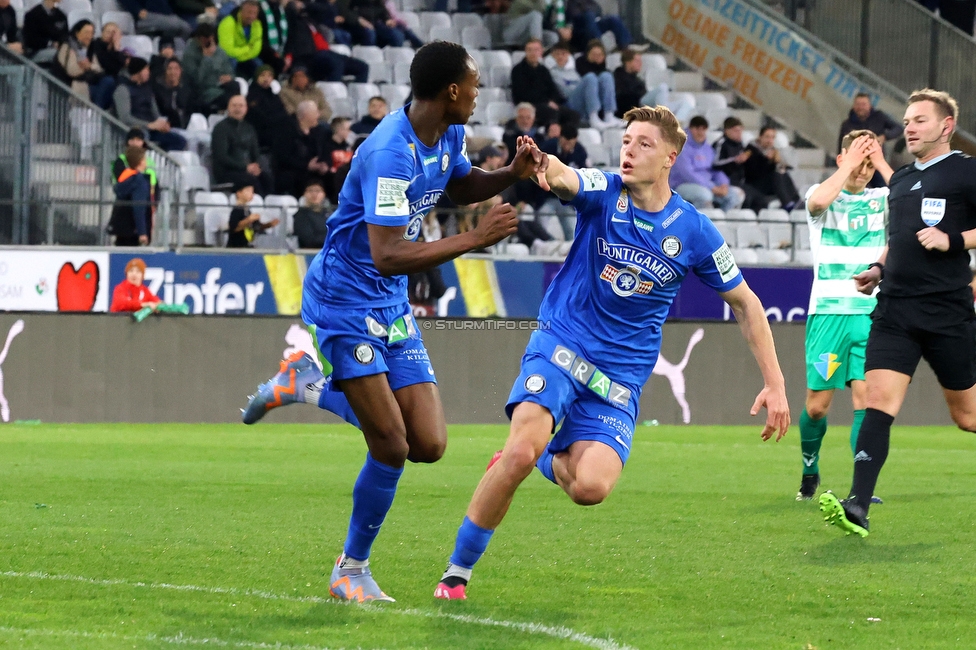 Tirol - Sturm Graz
Oesterreichische Fussball Bundesliga, 22. Runde, WSG Tirol - SK Sturm Graz, Tivoli Stadion Innsbruck, 19.03.2023. 

Foto zeigt Emanuel Emegha (Sturm) und Alexander Prass (Sturm)
Schlüsselwörter: torjubel