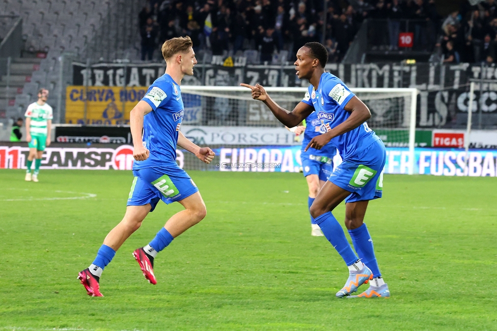 Tirol - Sturm Graz
Oesterreichische Fussball Bundesliga, 22. Runde, WSG Tirol - SK Sturm Graz, Tivoli Stadion Innsbruck, 19.03.2023. 

Foto zeigt Alexander Prass (Sturm) und Emanuel Emegha (Sturm)
Schlüsselwörter: torjubel