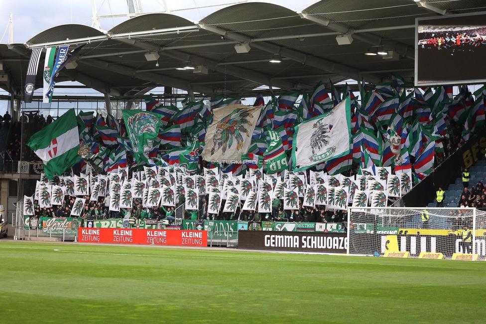 Sturm Graz - Rapid
Oesterreichische Fussball Bundesliga, 23. Runde, SK Sturm Graz - SK Rapid Wien, Stadion Liebenau Graz, 02.04.2023. 

Foto zeigt Fans von Rapid mit einer Choreografie
