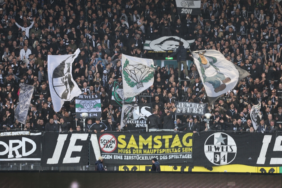 Sturm Graz - Rapid Wien
Oesterreichische Fussball Bundesliga, 23. Runde, SK Sturm Graz - SK Rapid Wien, Stadion Liebenau Graz, 02.04.2023. 

Foto zeigt Fans von Sturm mit einem Spruchband
Schlüsselwörter: samstag