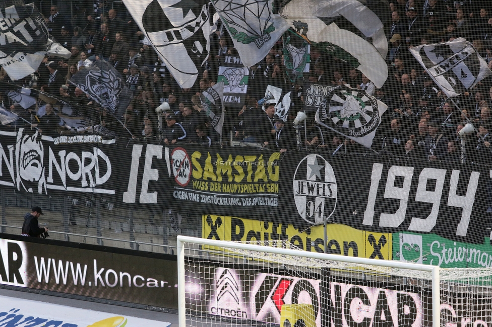 Sturm Graz - Rapid Wien
Oesterreichische Fussball Bundesliga, 23. Runde, SK Sturm Graz - SK Rapid Wien, Stadion Liebenau Graz, 02.04.2023. 

Foto zeigt Fans von Sturm mit einem Spruchband
Schlüsselwörter: samstag