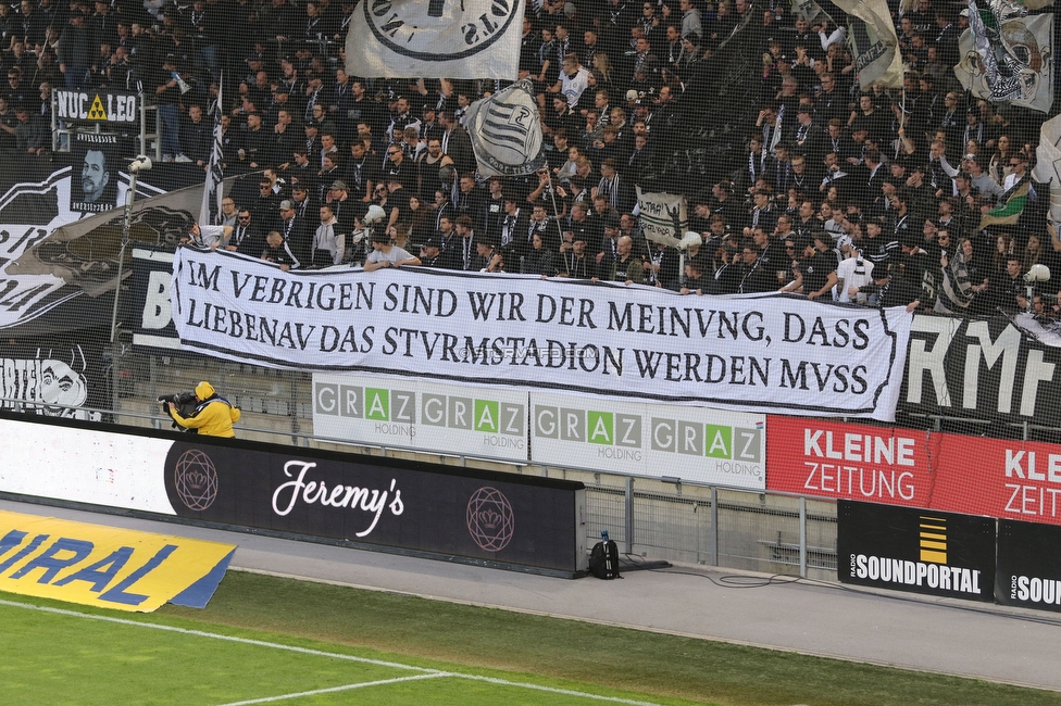 Sturm Graz - Rapid Wien
Oesterreichische Fussball Bundesliga, 23. Runde, SK Sturm Graz - SK Rapid Wien, Stadion Liebenau Graz, 02.04.2023. 

Foto zeigt Fans von Sturm mit einem Spruchband
Schlüsselwörter: sturmstadion