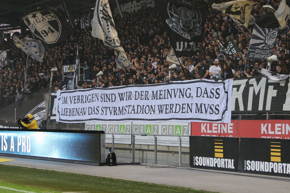 Sturm Graz - Rapid Wien
Oesterreichische Fussball Bundesliga, 23. Runde, SK Sturm Graz - SK Rapid Wien, Stadion Liebenau Graz, 02.04.2023. 

Foto zeigt Fans von Sturm mit einem Spruchband
Schlüsselwörter: sturmstadion