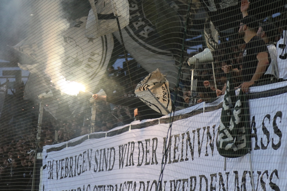 Sturm Graz - Rapid Wien
Oesterreichische Fussball Bundesliga, 23. Runde, SK Sturm Graz - SK Rapid Wien, Stadion Liebenau Graz, 02.04.2023. 

Foto zeigt Fans von Sturm mit einem Spruchband
Schlüsselwörter: sturmstadion