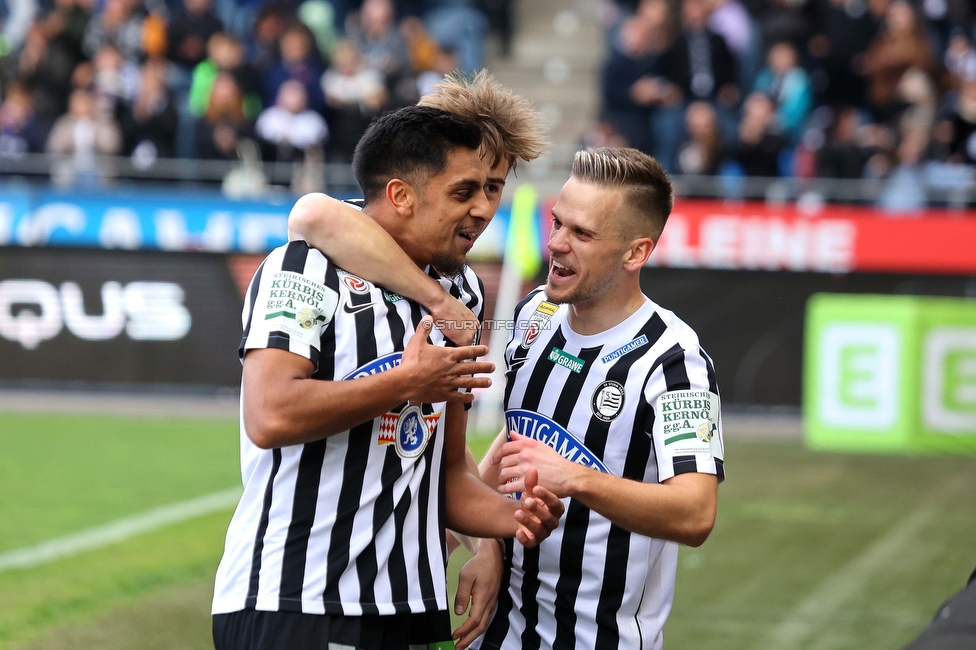 Sturm Graz - Rapid
Oesterreichische Fussball Bundesliga, 23. Runde, SK Sturm Graz - SK Rapid Wien, Stadion Liebenau Graz, 02.04.2023. 

Foto zeigt Manprit Sarkaria (Sturm), s#tu42# und Tomi Horvat (Sturm)
