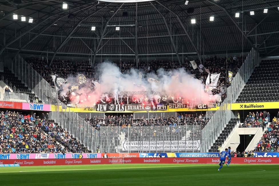 LASK - Sturm Graz
Oesterreichische Fussball Bundesliga, 24. Runde, LASK - SK Sturm Graz, Linzer Stadion Linz, 09.04.2023. 

Foto zeigt Fans von Sturm mit einer Choreografie
Schlüsselwörter: pyrotechnik