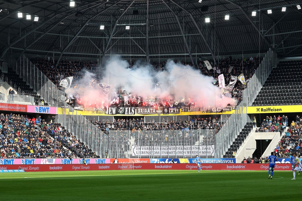 LASK - Sturm Graz
Oesterreichische Fussball Bundesliga, 24. Runde, LASK - SK Sturm Graz, Linzer Stadion Linz, 09.04.2023. 

Foto zeigt Fans von Sturm mit einer Choreografie
Schlüsselwörter: pyrotechnik