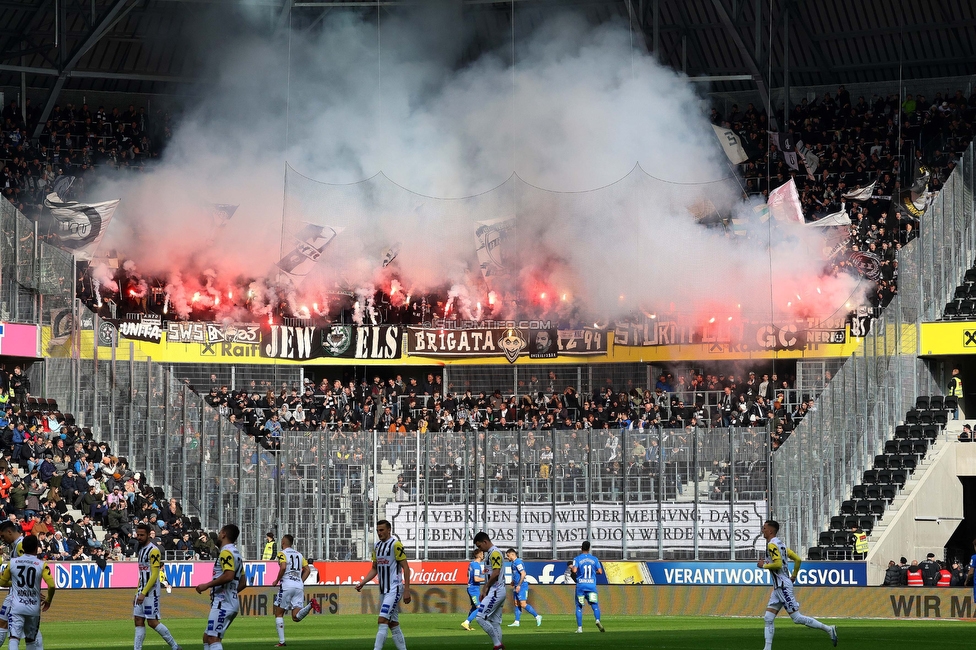 LASK - Sturm Graz
Oesterreichische Fussball Bundesliga, 24. Runde, LASK - SK Sturm Graz, Linzer Stadion Linz, 09.04.2023. 

Foto zeigt Fans von Sturm mit einer Choreografie
Schlüsselwörter: pyrotechnik