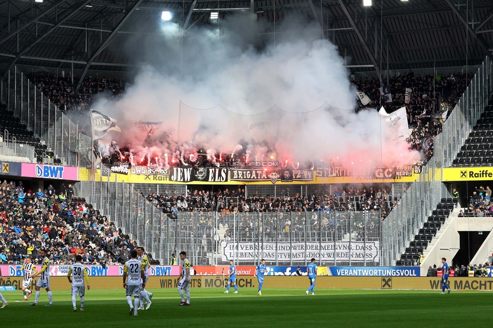 LASK - Sturm Graz
Oesterreichische Fussball Bundesliga, 24. Runde, LASK - SK Sturm Graz, Linzer Stadion Linz, 09.04.2023. 

Foto zeigt Fans von Sturm mit einer Choreografie
Schlüsselwörter: pyrotechnik