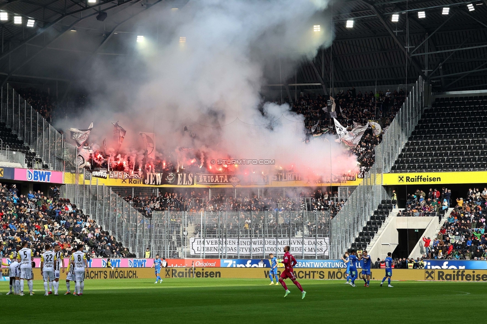 LASK - Sturm Graz
Oesterreichische Fussball Bundesliga, 24. Runde, LASK - SK Sturm Graz, Linzer Stadion Linz, 09.04.2023. 

Foto zeigt Fans von Sturm mit einer Choreografie
Schlüsselwörter: pyrotechnik