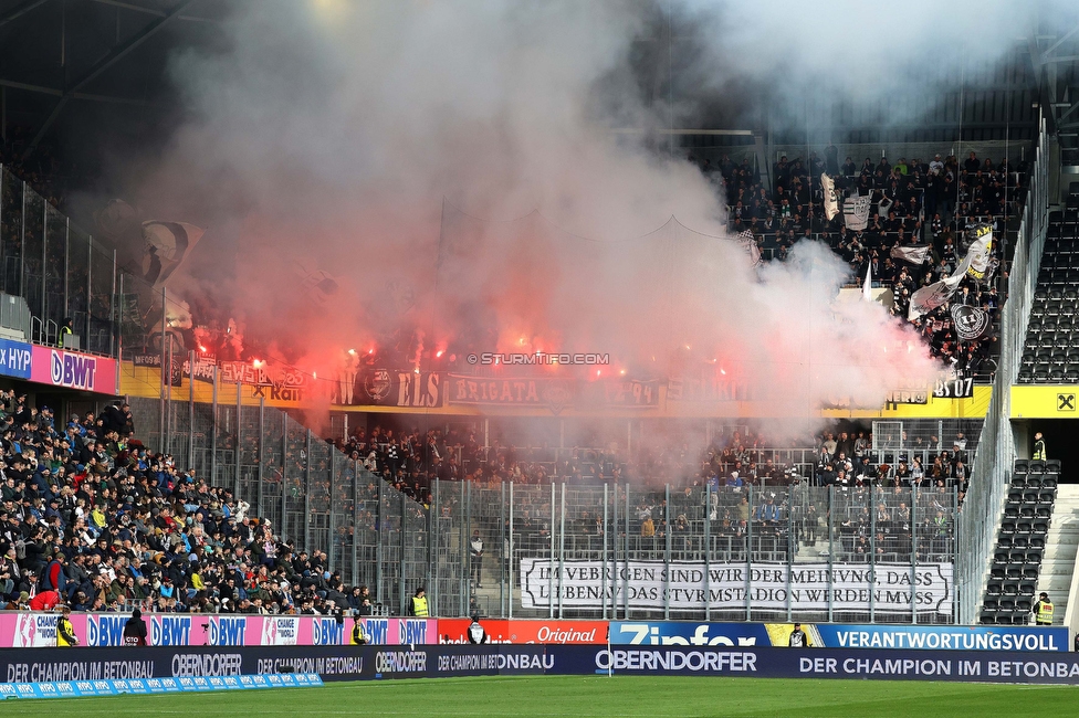 LASK - Sturm Graz
Oesterreichische Fussball Bundesliga, 24. Runde, LASK - SK Sturm Graz, Linzer Stadion Linz, 09.04.2023. 

Foto zeigt Fans von Sturm mit einer Choreografie
Schlüsselwörter: pyrotechnik