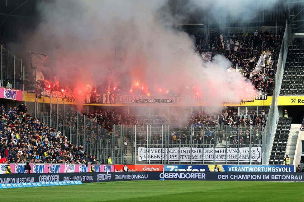 LASK - Sturm Graz
Oesterreichische Fussball Bundesliga, 24. Runde, LASK - SK Sturm Graz, Linzer Stadion Linz, 09.04.2023. 

Foto zeigt Fans von Sturm mit einer Choreografie
Schlüsselwörter: pyrotechnik