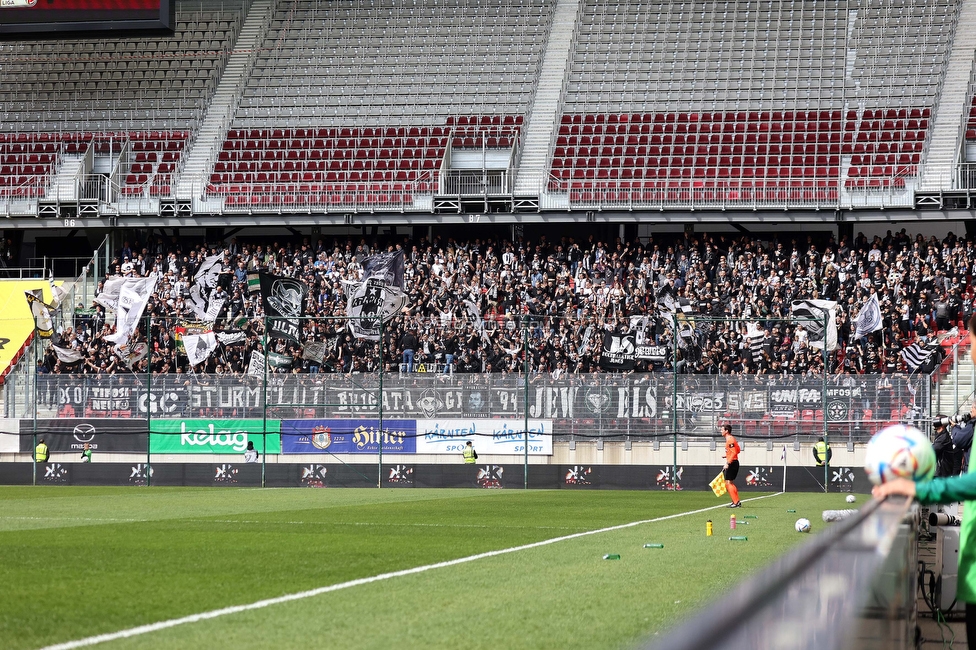 Klagenfurt - Sturm Graz
Oesterreichische Fussball Bundesliga, 25. Runde, Austria Klagenfurt - SK Sturm Graz,  Woerthersee Stadion Klagenfurt, 16.04.2023. 

Foto zeigt Fans von Sturm
