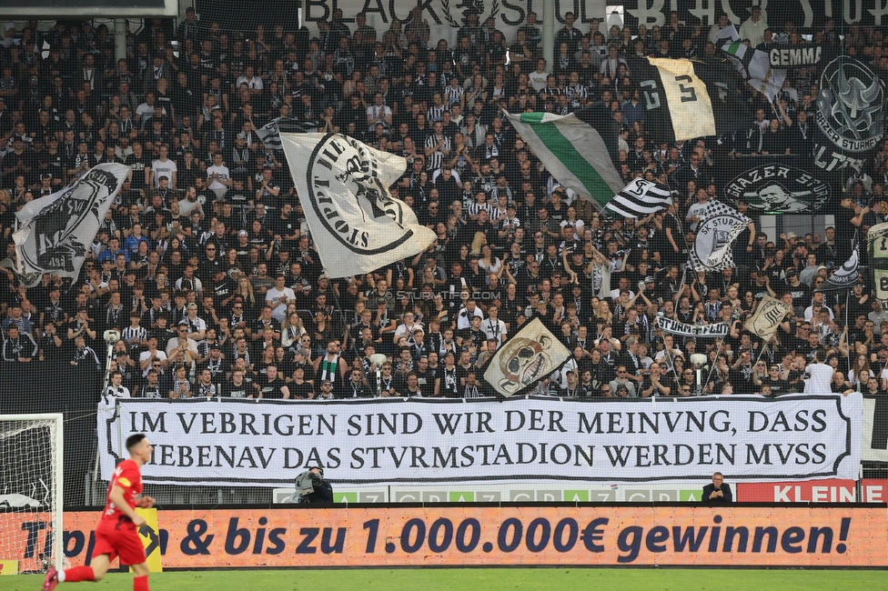 Sturm Graz - Salzburg
Oesterreichische Fussball Bundesliga, 26. Runde, SK Sturm Graz - FC RB Salzburg, Stadion Liebenau Graz, 23.04.2023. 

Foto zeigt Fans von Sturm mit einem Spruchband
Schlüsselwörter: sturmstadion