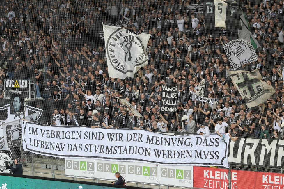 Sturm Graz - Salzburg
Oesterreichische Fussball Bundesliga, 26. Runde, SK Sturm Graz - FC RB Salzburg, Stadion Liebenau Graz, 23.04.2023. 

Foto zeigt Fans von Sturm mit einem Spruchband
Schlüsselwörter: sturmstadion