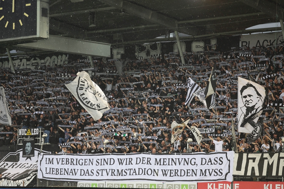 Sturm Graz - Salzburg
Oesterreichische Fussball Bundesliga, 26. Runde, SK Sturm Graz - FC RB Salzburg, Stadion Liebenau Graz, 23.04.2023. 

Foto zeigt Fans von Sturm mit einem Spruchband
Schlüsselwörter: sturmstadion schals