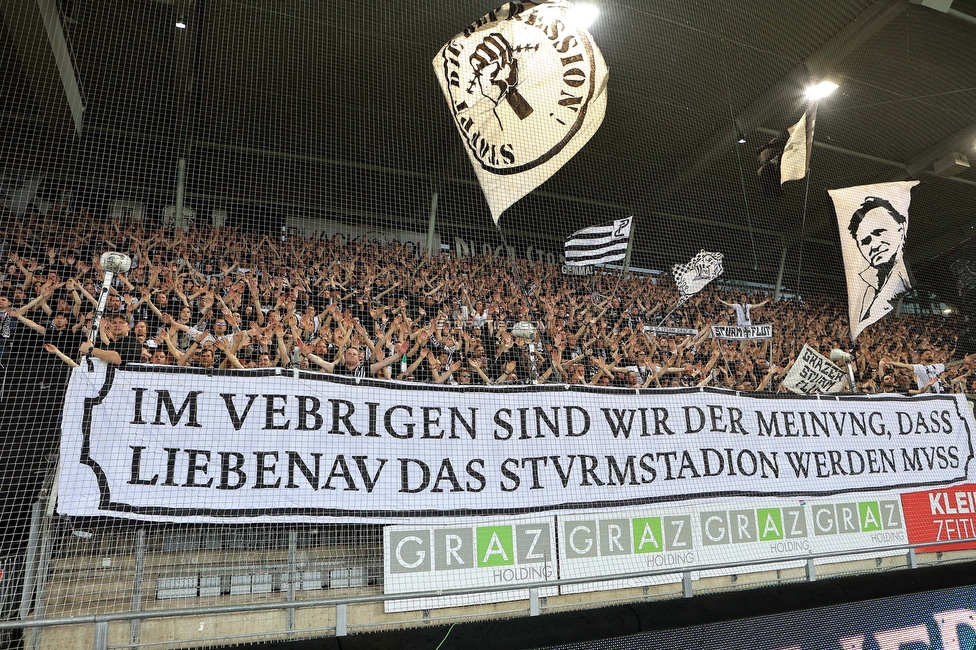 Sturm Graz - Salzburg
Oesterreichische Fussball Bundesliga, 26. Runde, SK Sturm Graz - FC RB Salzburg, Stadion Liebenau Graz, 23.04.2023. 

Foto zeigt Fans von Sturm mit einem Spruchband
Schlüsselwörter: sturmstadion