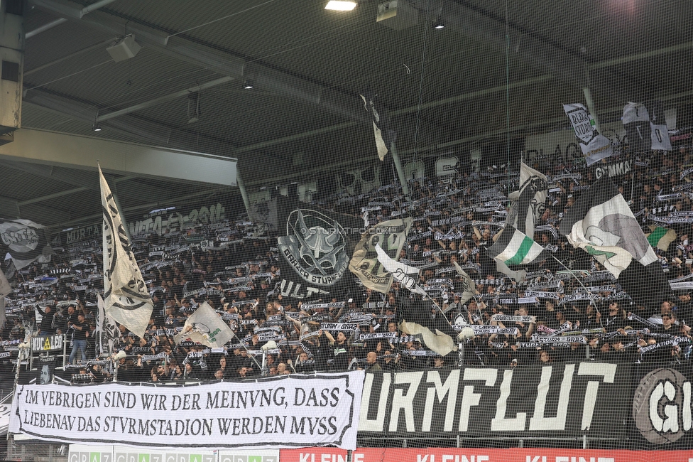 Sturm Graz - Austria Wien
Oesterreichische Fussball Bundesliga, 27. Runde, SK Sturm Graz - FK Austria Wien, Stadion Liebenau Graz, 26.04.2023. 

Foto zeigt Fans von Sturm mit einem Spruchband
Schlüsselwörter: schals sturmstadion