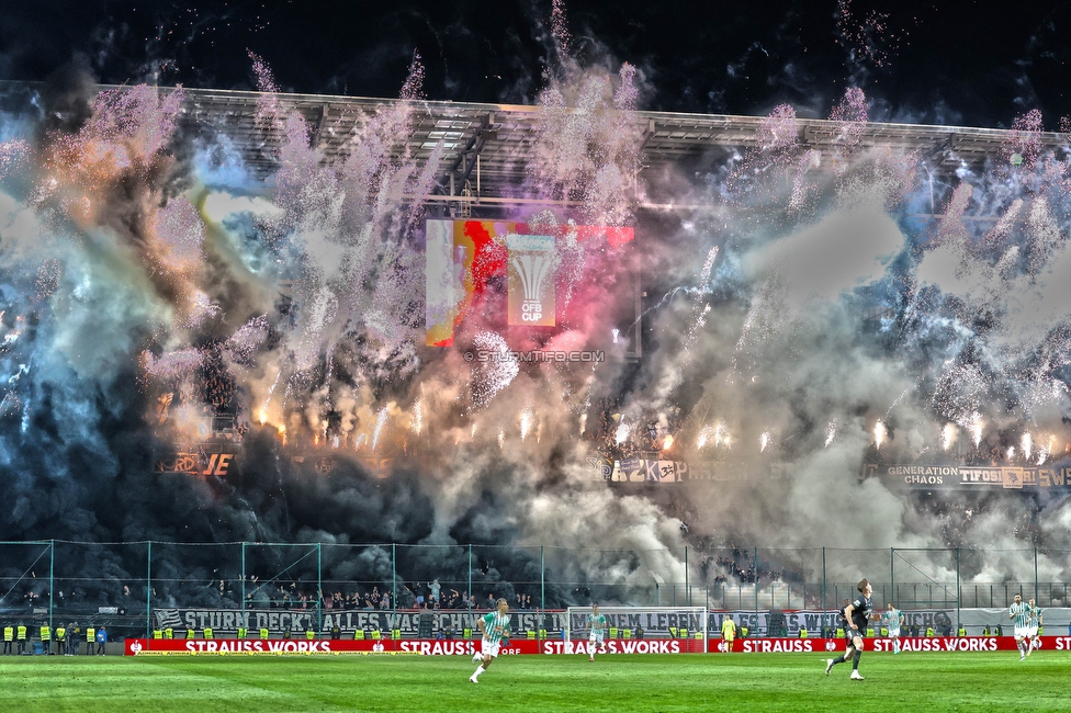 Rapid Wien - Sturm Graz
OEFB Cup, Finale, SK Rapid Wien - SK Sturm Graz, Woerthersee Stadion Klagenfurt, 30.04.2023. 

Foto zeigt Fans von Sturm mit einer Choreografie
Schlüsselwörter: pyrotechnik