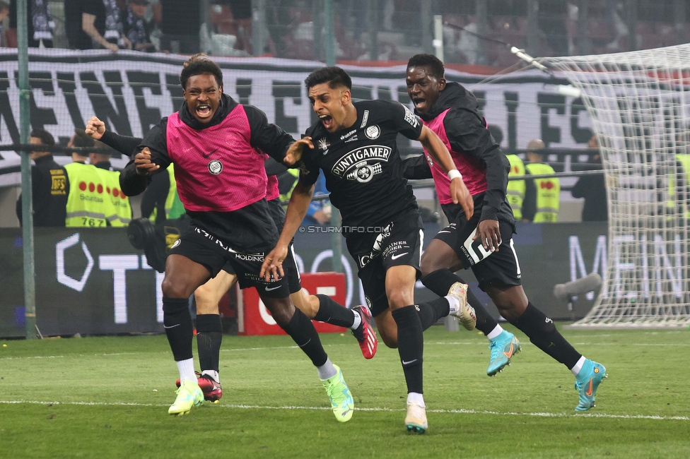 Rapid Wien - Sturm Graz
OEFB Cup, Finale, SK Rapid Wien - SK Sturm Graz, Woerthersee Stadion Klagenfurt, 30.04.2023. 

Foto zeigt Manprit Sarkaria (Sturm), Bryan Silva Teixeira Jr. (Sturm) und Amadou Dante (Sturm)
