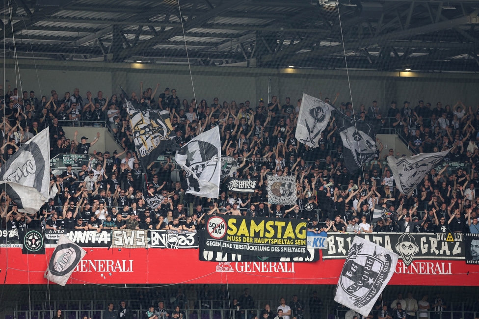 Austria Wien - Sturm Graz
Oesterreichische Fussball Bundesliga, 28. Runde, FK Austria Wien - SK Sturm Graz, Franz Horr Stadion Wien, 07.05.2023. 

Foto zeigt Fans von Sturm mit einem Spruchband
Schlüsselwörter: samstag