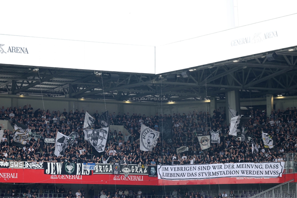 Austria Wien - Sturm Graz
Oesterreichische Fussball Bundesliga, 28. Runde, FK Austria Wien - SK Sturm Graz, Franz Horr Stadion Wien, 07.05.2023. 

Foto zeigt Fans von Sturm mit einem Spruchband
Schlüsselwörter: sturmstadion