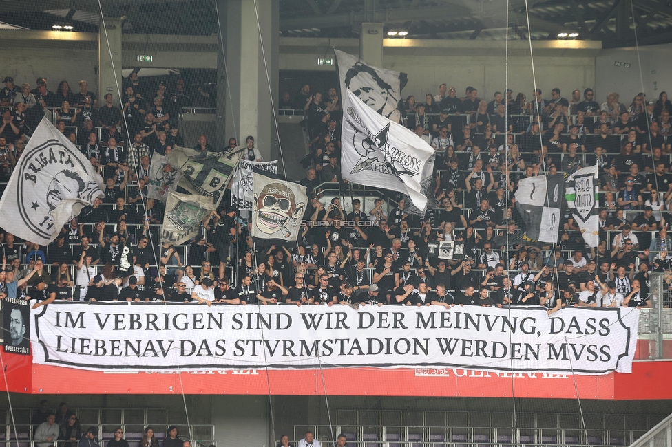 Austria Wien - Sturm Graz
Oesterreichische Fussball Bundesliga, 28. Runde, FK Austria Wien - SK Sturm Graz, Franz Horr Stadion Wien, 07.05.2023. 

Foto zeigt Fans von Sturm mit einem Spruchband
Schlüsselwörter: sturmstadion