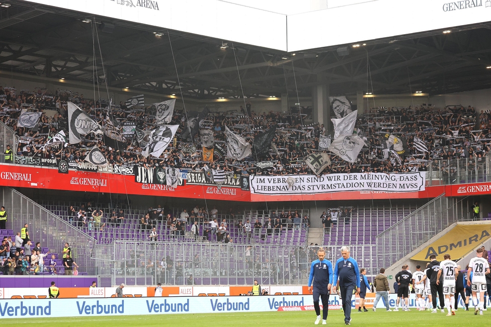 Austria Wien - Sturm Graz
Oesterreichische Fussball Bundesliga, 28. Runde, FK Austria Wien - SK Sturm Graz, Franz Horr Stadion Wien, 07.05.2023. 

Foto zeigt Fans von Sturm mit einem Spruchband
Schlüsselwörter: sturmstadion