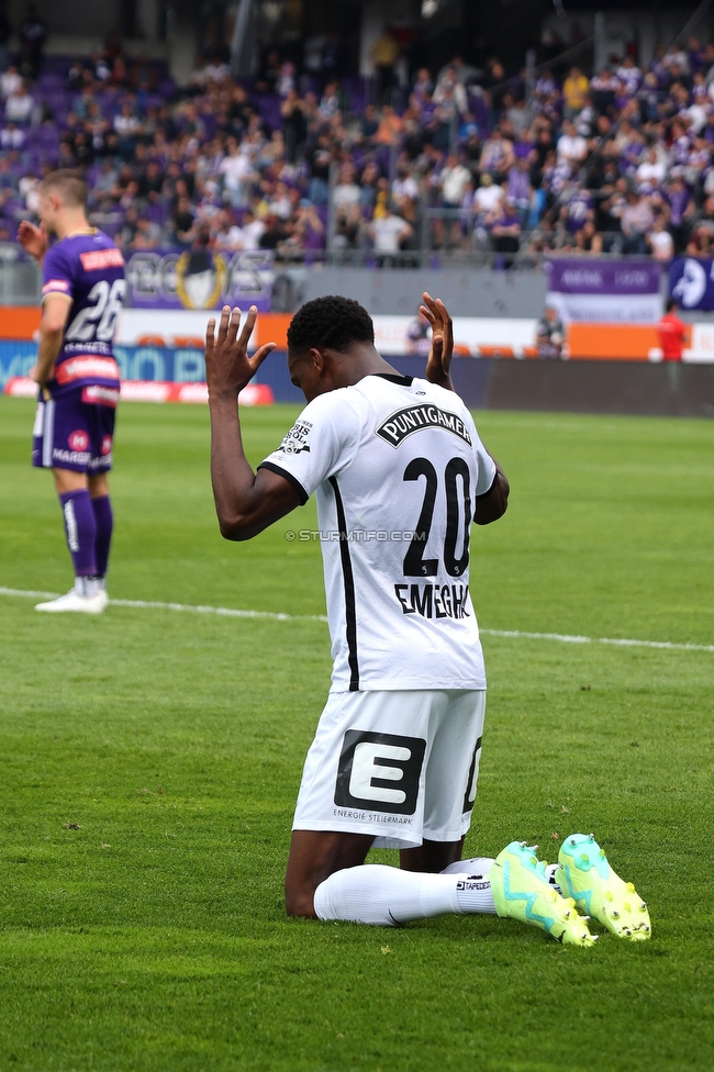 Austria Wien - Sturm Graz
Oesterreichische Fussball Bundesliga, 28. Runde, FK Austria Wien - SK Sturm Graz, Franz Horr Stadion Wien, 07.05.2023. 

Foto zeigt Fans von Sturm Emanuel Emegha (Sturm)
