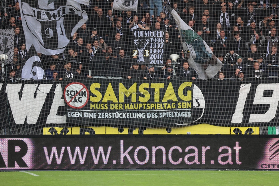 Sturm Graz - Austria Klagenfurt
Oesterreichische Fussball Bundesliga, 29. Runde, SK Sturm Graz - SK Austria Klagenfurt, Stadion Liebenau Graz, 14.05.2023. 

Foto zeigt Fans von Sturm mit einem Spruchband
Schlüsselwörter: samstag