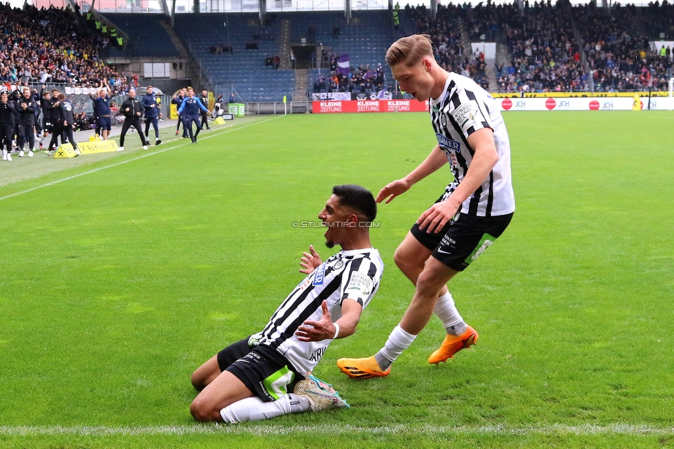 Sturm Graz - Austria Klagenfurt
Oesterreichische Fussball Bundesliga, 29. Runde, SK Sturm Graz - SK Austria Klagenfurt, Stadion Liebenau Graz, 14.05.2023. 

Foto zeigt Manprit Sarkaria (Sturm) und Alexander Prass (Sturm)
Schlüsselwörter: torjubel