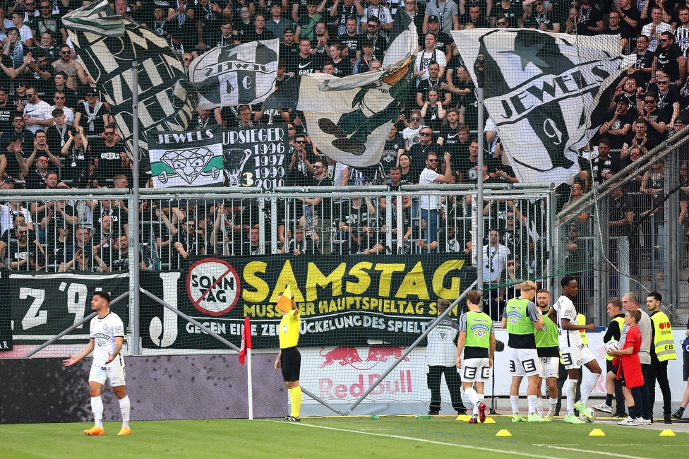 RB Salzburg - Sturm Graz
Oesterreichische Fussball Bundesliga, 30. Runde, FC RB Salzburg - SK Sturm Graz, Stadion Wals-Siezenheim, 21.05.2023. 

Foto zeigt Fans von Sturm mit einem Spruchband
Schlüsselwörter: samstag