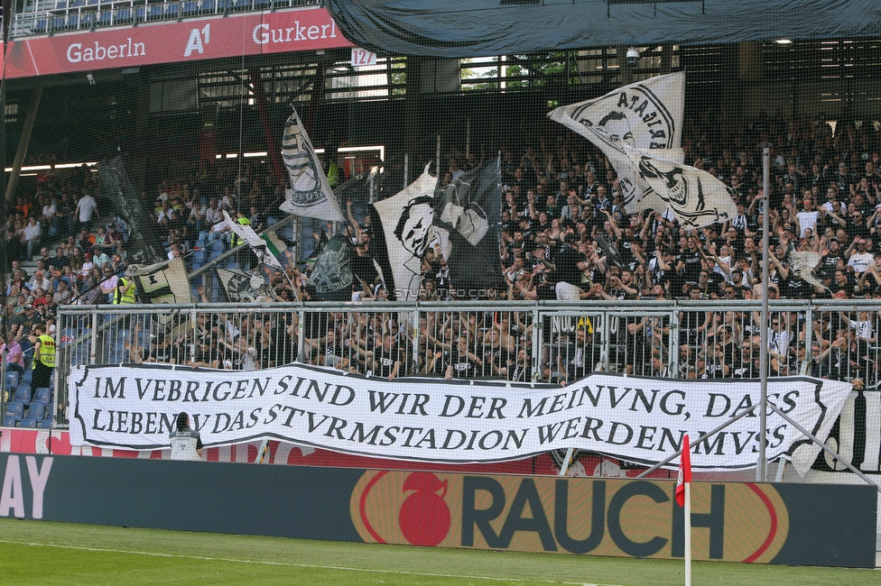 RB Salzburg - Sturm Graz
Oesterreichische Fussball Bundesliga, 30. Runde, FC RB Salzburg - SK Sturm Graz, Stadion Wals-Siezenheim, 21.05.2023. 

Foto zeigt Fans von Sturm mit einem Spruchband
Schlüsselwörter: sturmstadion