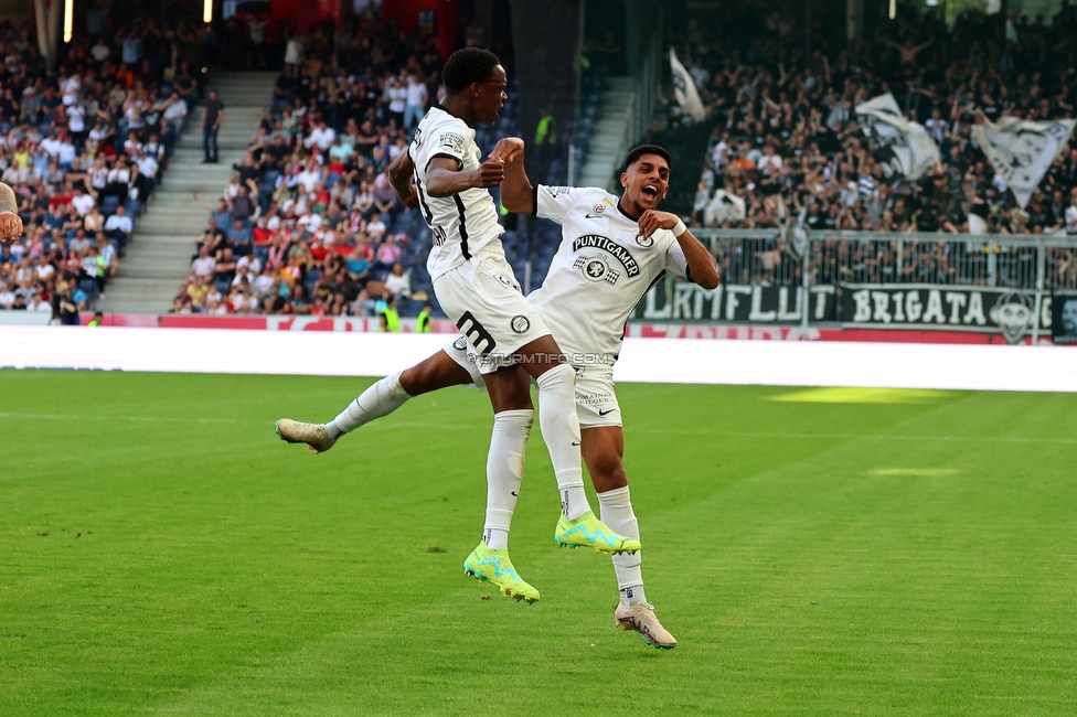 RB Salzburg - Sturm Graz
Oesterreichische Fussball Bundesliga, 30. Runde, FC RB Salzburg - SK Sturm Graz, Stadion Wals-Siezenheim, 21.05.2023. 

Foto zeigt Emanuel Emegha (Sturm) und Manprit Sarkaria (Sturm)
Schlüsselwörter: torjubel