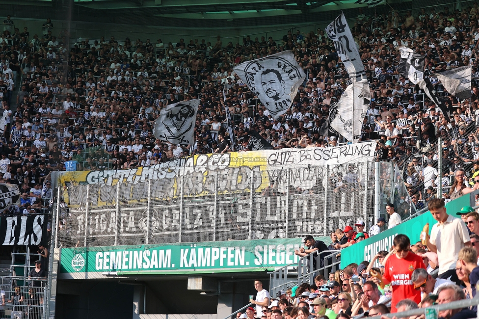 Rapid Wien - Sturm Graz
Oesterreichische Fussball Bundesliga, 31. Runde, SK Rapid Wien - SK Sturm Graz, Weststadion Wien, 28.05.2023. 

Foto zeigt Fans von Sturmmit einem Spruchband
