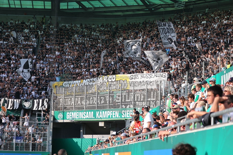 Rapid Wien - Sturm Graz
Oesterreichische Fussball Bundesliga, 31. Runde, SK Rapid Wien - SK Sturm Graz, Weststadion Wien, 28.05.2023. 

Foto zeigt Fans von Sturmmit einem Spruchband
