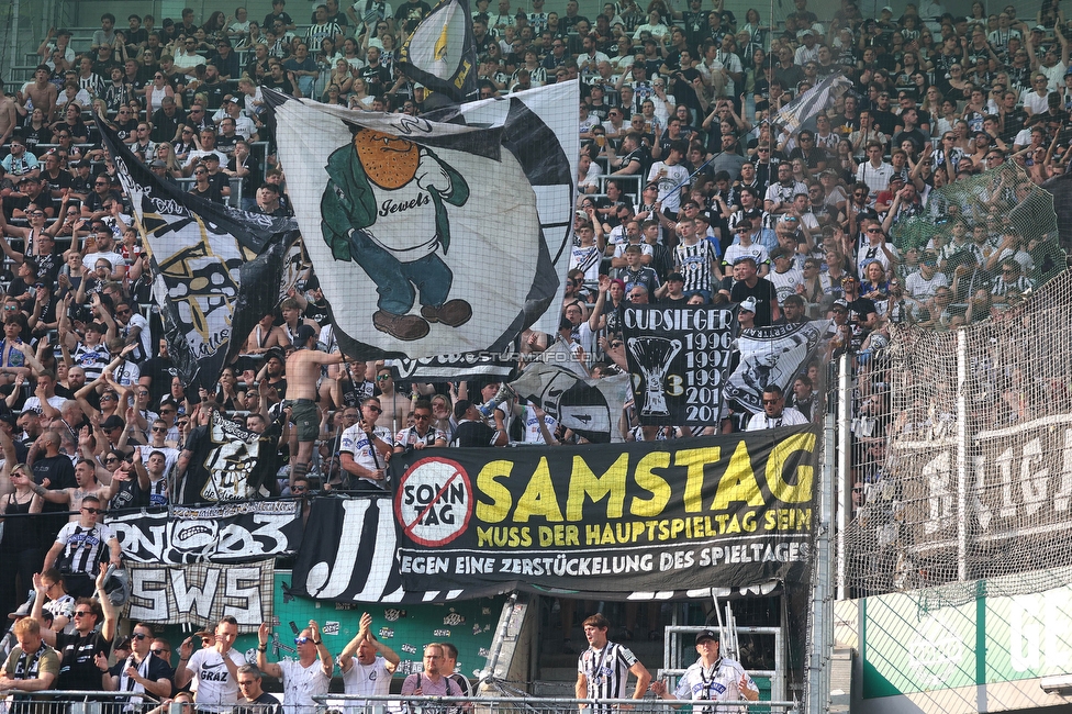 Rapid Wien - Sturm Graz
Oesterreichische Fussball Bundesliga, 31. Runde, SK Rapid Wien - SK Sturm Graz, Weststadion Wien, 28.05.2023. 

Foto zeigt Fans von Sturm mit einem Spruchband
Schlüsselwörter: samstag