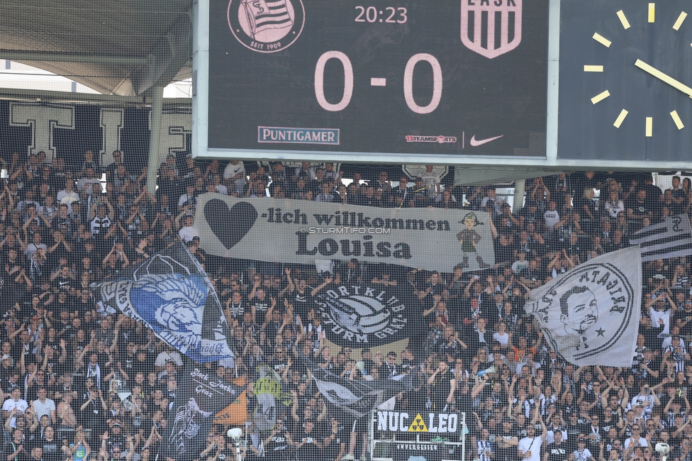 Sturm Graz - LASK
Oesterreichische Fussball Bundesliga, 32. Runde, SK Sturm Graz - LASK, Stadion Liebenau Graz, 03.06.2023. 

Foto zeigt Fans von Sturm mit einem Spruchband
Schlüsselwörter: tifosi baby