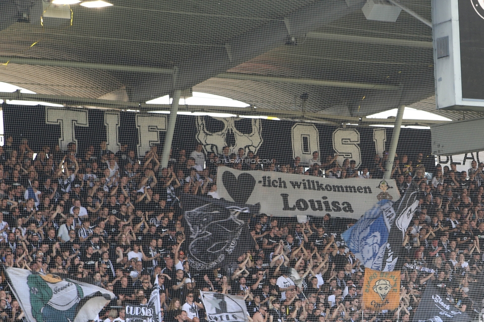 Sturm Graz - LASK
Oesterreichische Fussball Bundesliga, 32. Runde, SK Sturm Graz - LASK, Stadion Liebenau Graz, 03.06.2023. 

Foto zeigt Fans von Sturm mit einem Spruchband
Schlüsselwörter: tifosi baby