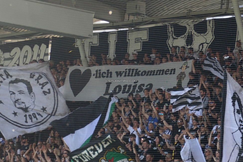 Sturm Graz - LASK
Oesterreichische Fussball Bundesliga, 32. Runde, SK Sturm Graz - LASK, Stadion Liebenau Graz, 03.06.2023. 

Foto zeigt Fans von Sturm mit einem Spruchband
Schlüsselwörter: tifosi baby